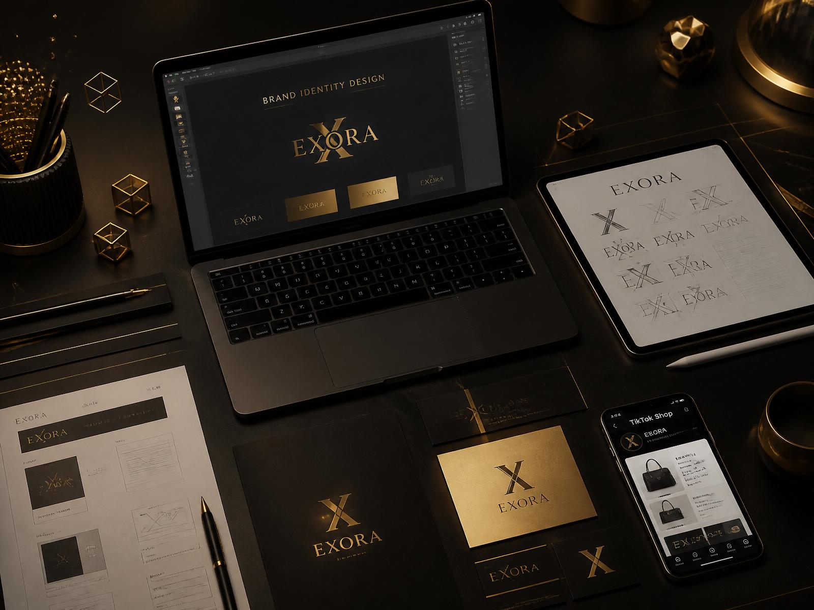 Chef Leon's premium branding workspace with laptop, tablet and brand mockups