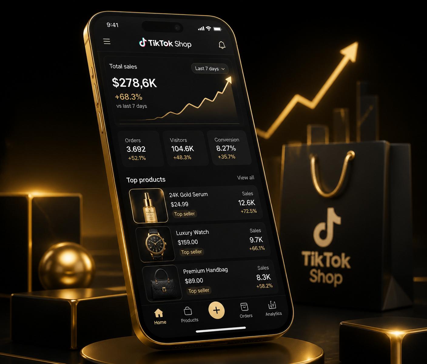 TikTok Shop dashboard mockup with sales analytics